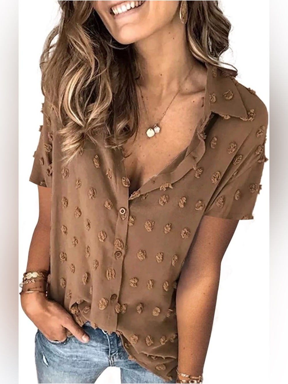 Solid Button Down, Short Sleeve Swiss Dot Blouse